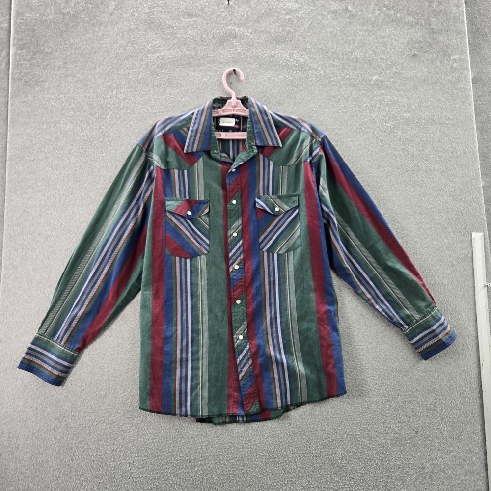 VINTAGE Wrangler Men Button Up Shirt 16 1/2 - 35 Large Green Striped Western